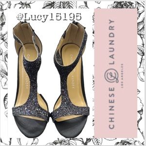 ❤️Chinese Laundry Z Lychee Black Satin Glitter Open Toe T Strap Heel